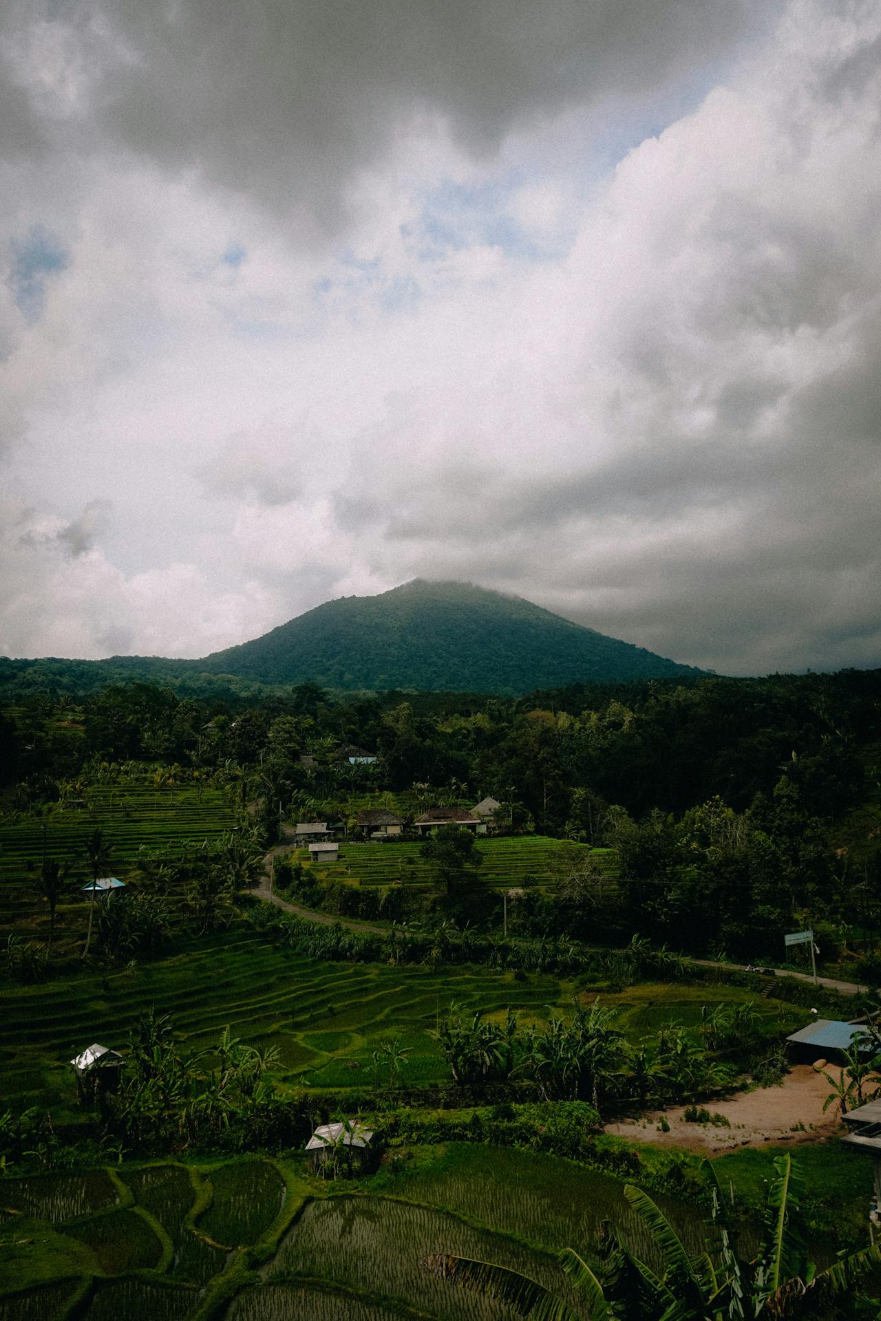 Bali rice terraces under dramatic clouds — landscape photography Ubud Indonesia