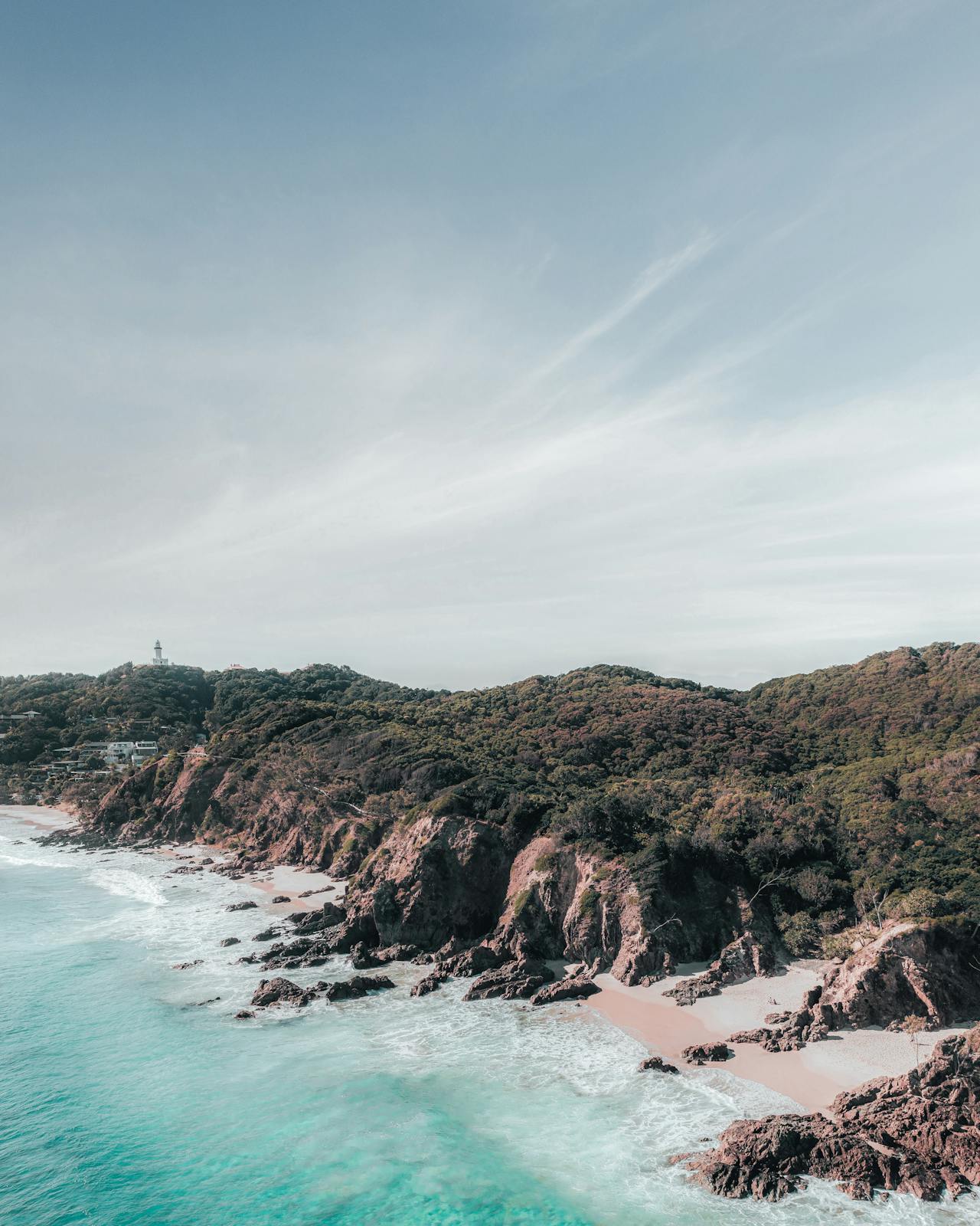 Aerial view of Byron Bay coastal headland, New South Wales Australia