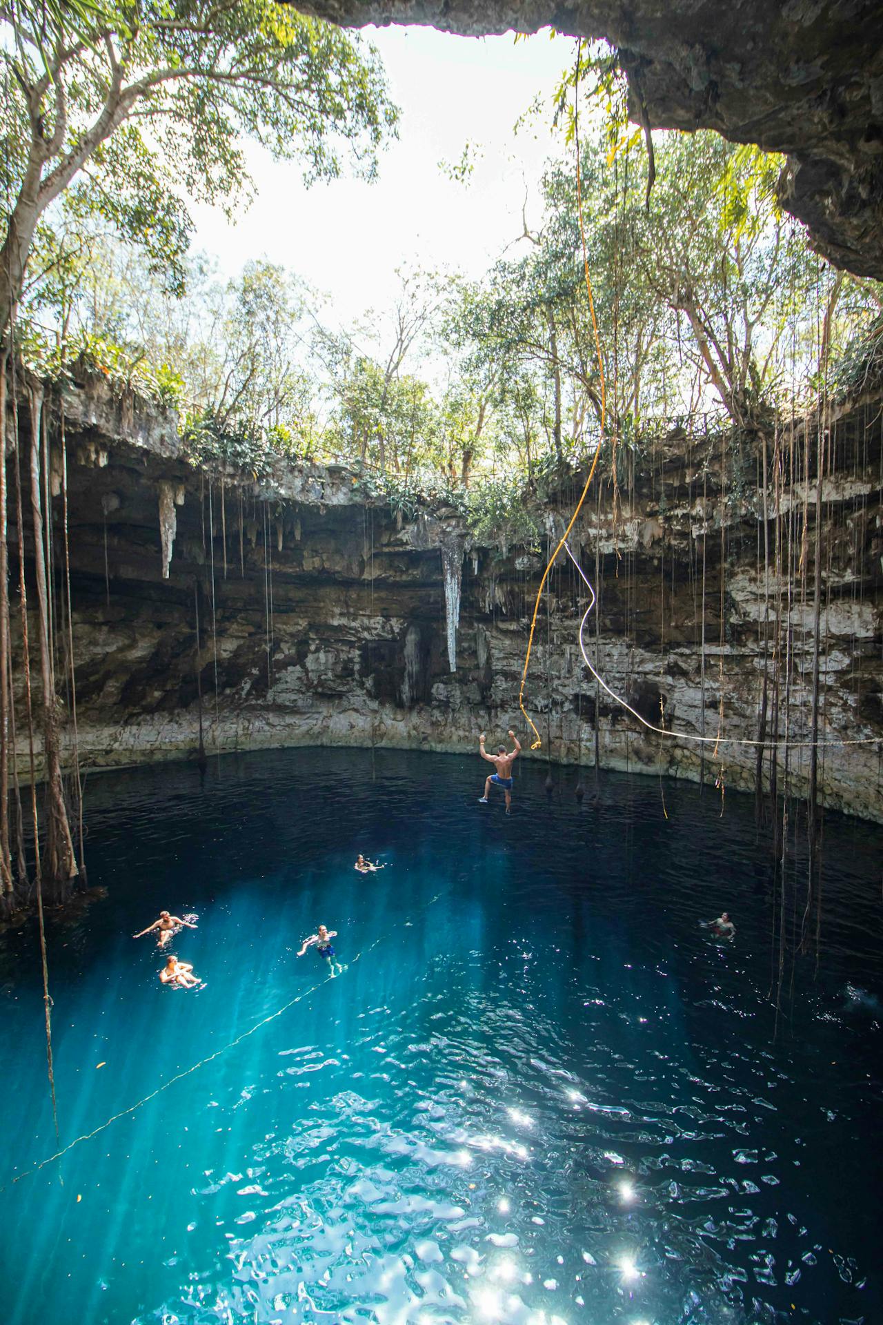 People swimming in a crystal-clear cenote in the Yucatán jungle, Mexico