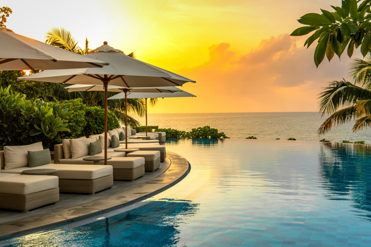 Poolside loungers at sunset at a Kaluma Stays villa on the Costa del Sol