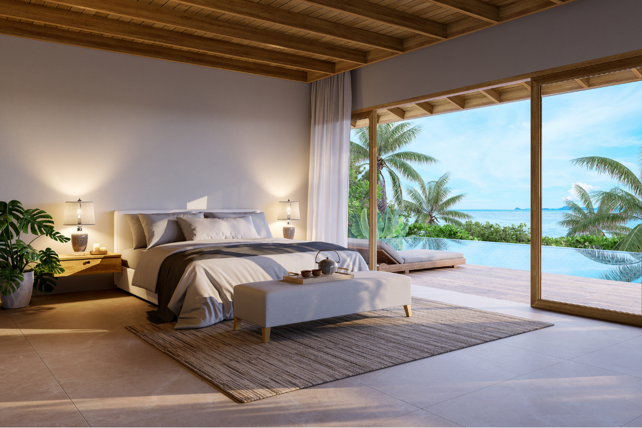 Luxury villa bedroom with pool and tropical garden views — private retreat Costa del Sol