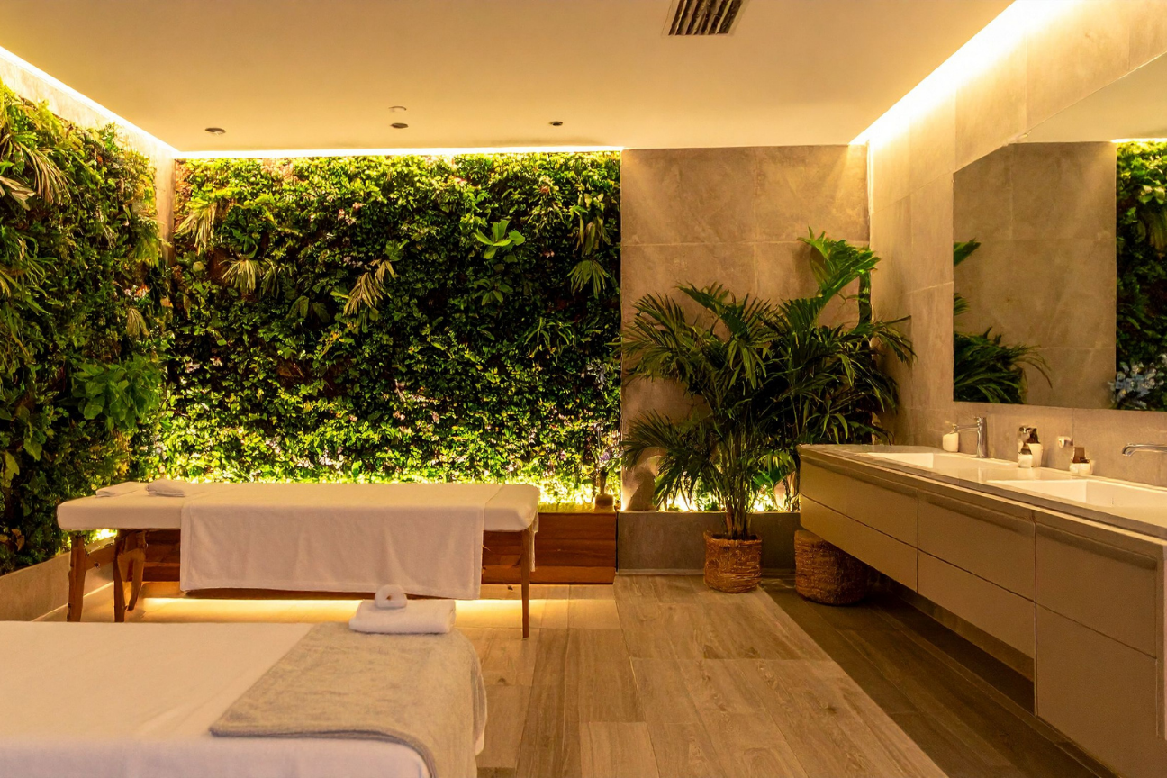 Spa treatment room with living green wall — personal sanctuary retreat Costa del Sol