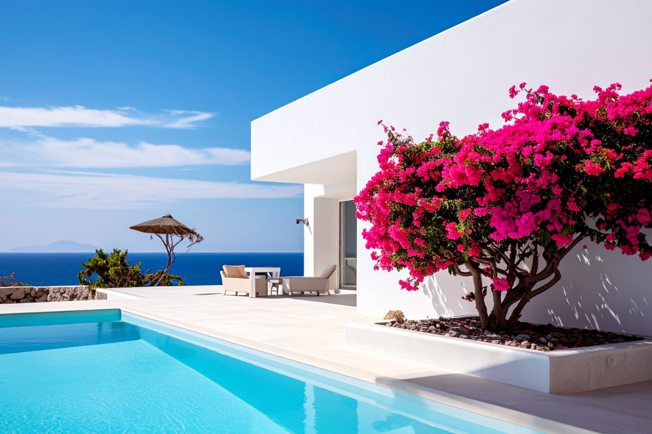 White Mediterranean villa with bougainvillea and infinity pool — curated luxury architecture