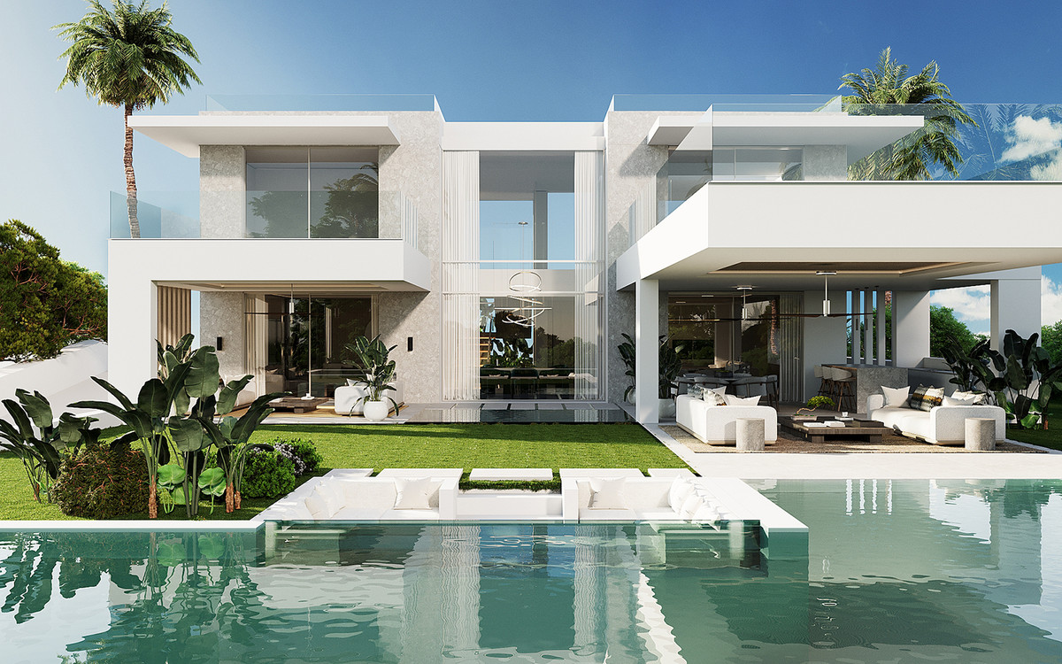 Luxury villa exterior with pool at dusk — sustainable design and natural setting Costa del Sol