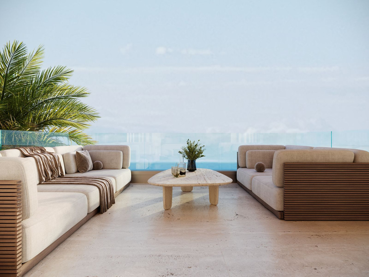 Villa outdoor terrace lounge with infinity pool and sea view — living with the seasons, Costa del Sol