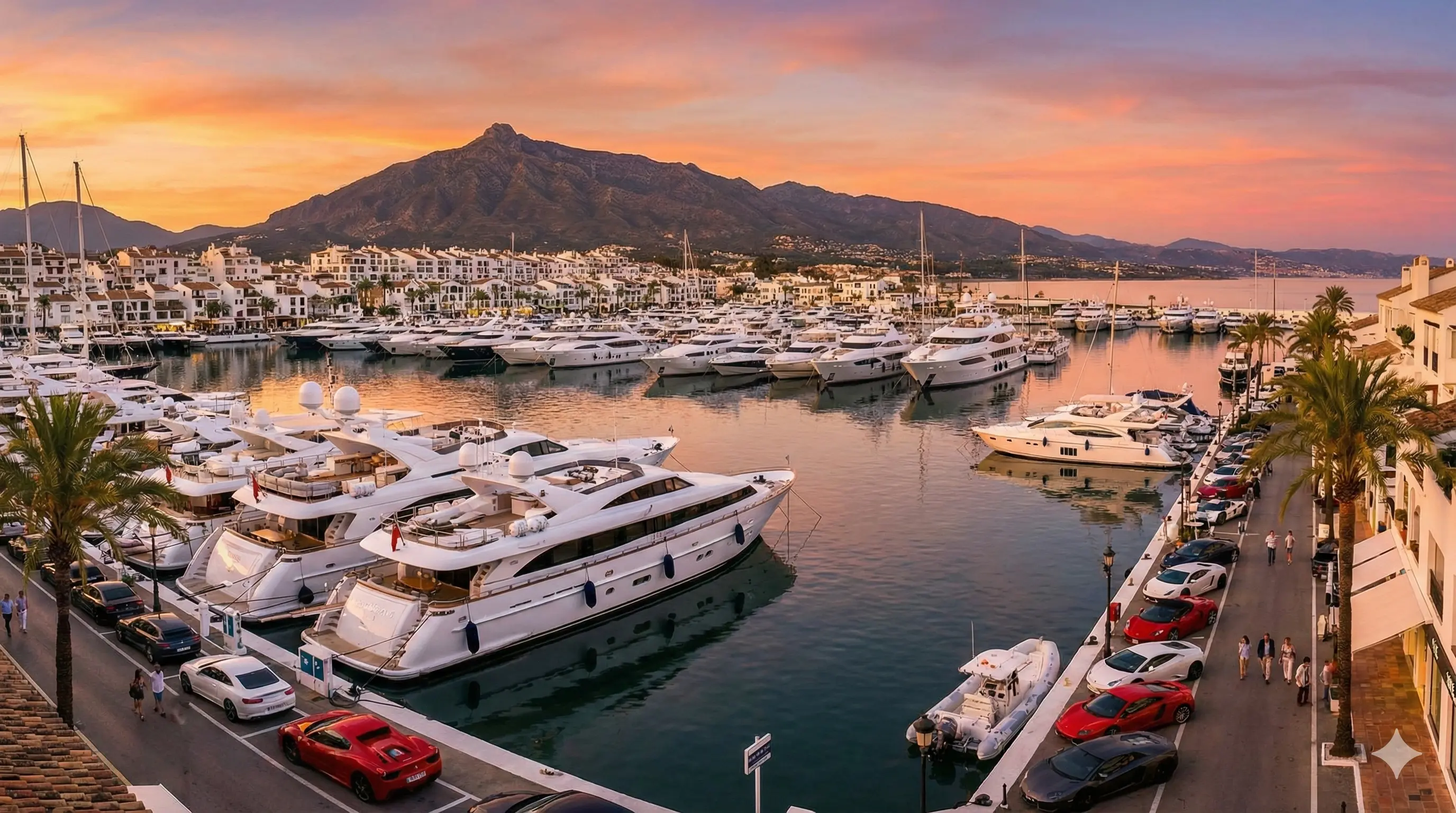 Puerto Banús marina at sunset with yachts and La Concha mountain — the Golden Mile, Marbella