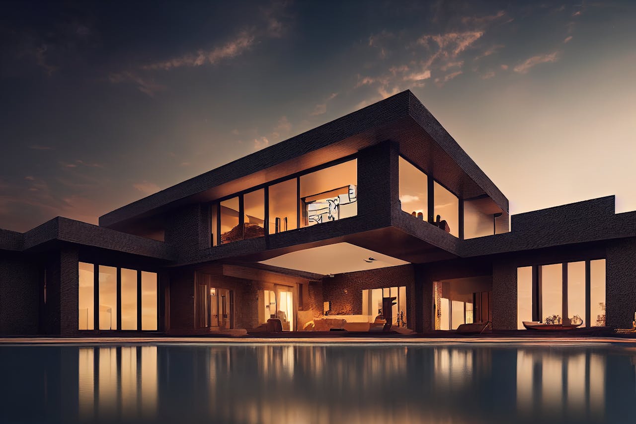 Dramatic luxury mansion with pool at golden hour — Joaquín Torres A-cero style