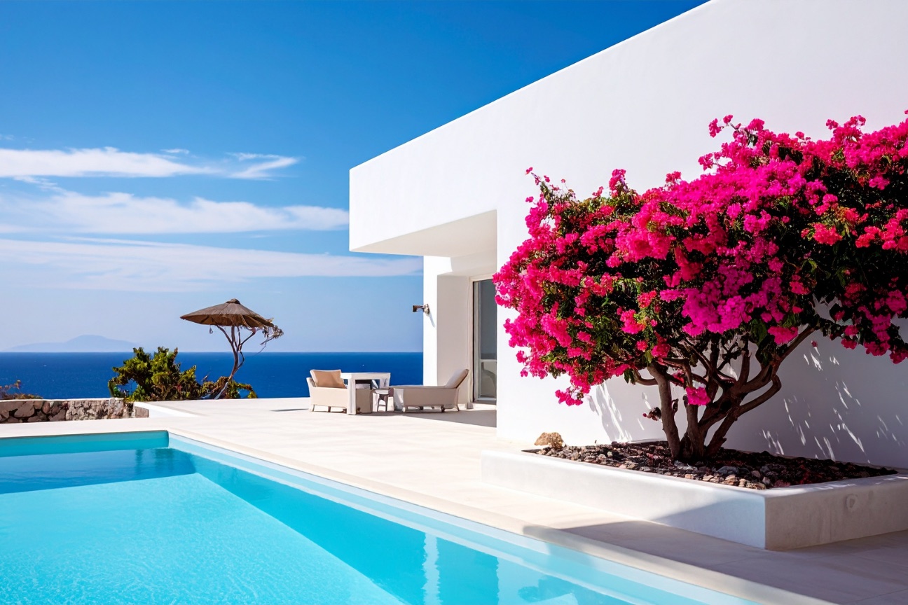 Contemporary white luxury villa with reflective pool — dramatic residential architecture